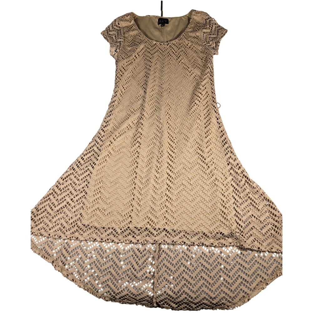 AUW Women Tan Beige Crochet Lace High Low Dress Medium Short Sleeve Scoop Neck